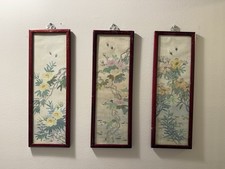 Vintage Chinese 3 Panel Silk Hand-Painted Screen Wall Art Framed Asian Art Rare picture