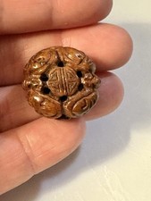 Vintage Carved Chinese Bead Brown Serpentine Jade Shou Bats Design Round Coin picture