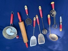 VTG WOODEN RED HANDL UTENSIL FARMHOUSE DECOR  A&J - FOLEY 9pc LOT ANDROCK NICE picture