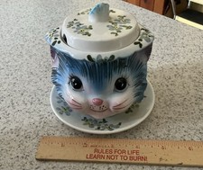 Vintage Lefton Miss Priss Blue Kitty Jelly/Jam With Under plate With Lid picture