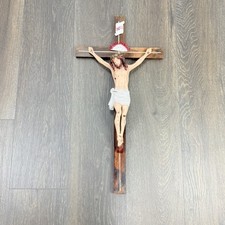 Vintage Large Real Wood Cross Corpus Resin Jesus Christ Hand painted Crucifix picture