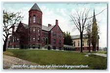 c1905 David Prouty High School & Congregational Church View Spencer MA Postcard picture