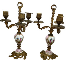 Antique Pair 19th C French Sevres Style Pink Porcelain Ormolu Candelabras 10.5