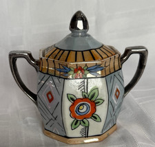 Vintage Japan Lusterware Sugar Bowl with Lid  Blue Orange Flowers picture