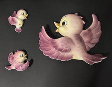 Vintage Lefton Purple Bird Lefton Bluebird wall plaque Mama bird and babies picture