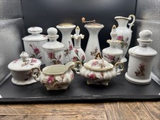 Vintage Moss Rose Porcelain Spice Condiment Set Japan Mid Century Gold Trim 11pc picture