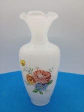 White Floral Cased Vase With Opalescent Ruffled Rim 6 in picture
