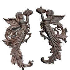 Vintage Antique Pair of 2 Cast Iron Angel Wall Mount Hanging Baroque Decor 10