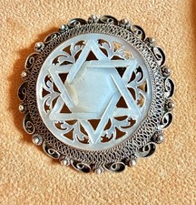 Antique Bethlehem Silver Filigree 950 & Mother of Pearl Magen David Pin Pendant picture