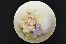 Hand Painted Ceramic Plate Signed 'Laura' Pink and Purple Flowers 7 5/8