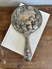 Antique Art Nouveau Floral Silver Patina Hand Mirror Vanity Mirror picture