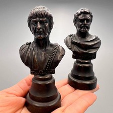 Vintage Pair Statue Bust Emperors Roman Caracalla Traian Figurine Metal 3.9 in picture