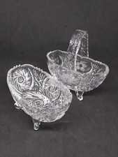 Candy Nut Dish Crystal Footed Etched Clear Glass Trinket Relish Serving Lot of 2 picture