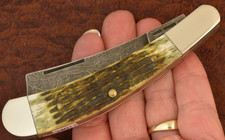 VINTAGE PARKER EDWARDS MADE IN USA DAMASCUS GREEN BONE RAZOR TRAPPER KNIFE 34011 picture