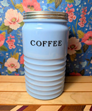 Vintage Jeannette Delphite Blue Milk Glass Coffee Beehive Canister Jar w/Lid picture