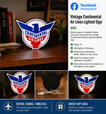 Vintage Continental Airlines LED Lighted Sign – USB Powered Aviation Decor – 9” picture