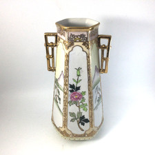 Antique Hexagonal Handled Porcelain Vase Handpainted Landscape Floral 12