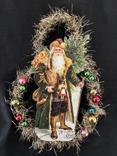 Antique Look Scrap Christmas Ornament,  SANTA in Green,  Mercury Glass  Handmade picture