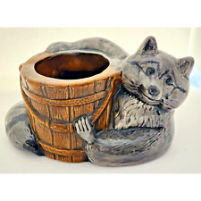PLANTER-VINTAGE-ROYAL HAEGER POTTERY-RACCOON HOLDING PLANTER BARREL-GRAY-BROWN picture