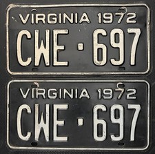 Original 1972 Virginia License Plate Matching Pair – BLACK Vintage Classic Car picture
