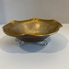 Antique Gold Etched Glass Footed Bowl 6 1/2” picture