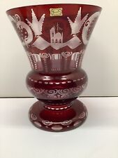 Vintage Egermann Czech Republic 11” large ruby red cut glass vase w/ castle picture
