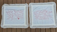 Lovely Old Pair Of Redwork Embroidery Pillow Layovers - 