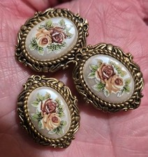 3 VTG Plastic Shank Button Covers Floral Cameo Gold Frame Purple Pearl Shank Lot picture