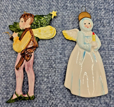 Vintage Ceramic Pixie Fairy & Winter Angel Molded Christmas Ornaments Set 2 picture
