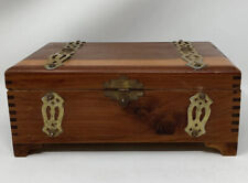 Vintage Handmade Cedar Wood Trinket Jewelry Box Hinged Lid & Brass Straps picture
