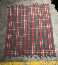1950s Colonial Woolen Mills Wool Red Gray Plaid Fringe Blanket 49X57 picture