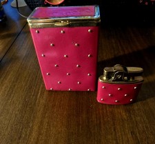 Vtg 1950s Princess Gardner Red Leather Cigarette Case & Working Lighter Set MCM picture