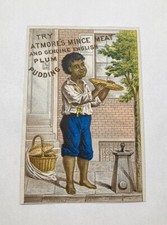 Atmores Mince Meat Victorian Trade Card Boy Eating Pudding City Scene picture