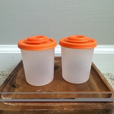Tupperware Mini Measuring Midgets 2 oz  Clear Set of 2 w/ Orange Seals New -MINT picture