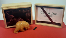 Cassiar Jade Golden Crystal Hand Carved Grizzly Bear Figurine with Fish Org Box picture