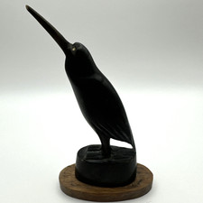 VTG Hand Carved Blk Horn Bird w/ Long Beak Figurine Buffalo Horn Mid-Century Art picture