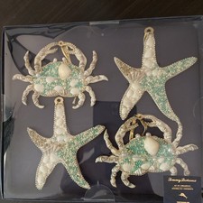 TOMMY BAHAMA FLY by NIGHT Ornaments (4) crabs and star fish  beaded shells ocean picture