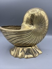 Vintage MCM Heavy Solid Brass Nautilus Shell Planter Cachepot Centerpiece 8” L picture