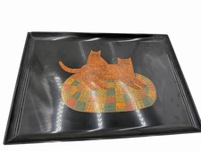 Large 1960s Couroc Serving Tray ~ 2 Cats Resting On A Quilted Rug Inlay picture