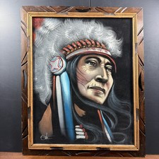 Vintage Native American Chief Velvet Painting Signed David Ortiz picture