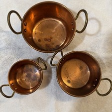 Lot of 3 Copper Mini Bowls/Pots with Brass Metal Handles, Nesting Bowl Set picture