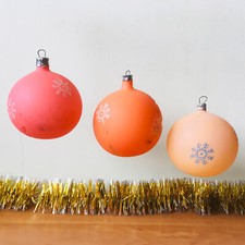 Vintage Christmas Balls Set of 3 Matte Glass Orange & Pink Ornaments USSR 1980s picture