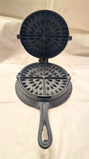 Vintage Cast Iron Stovetop Round Waffle Iron Maker Black Ring Base Manual Press picture