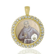 St Mychal Christian Round Medal Gold Tone Pendant with Rhinestones picture
