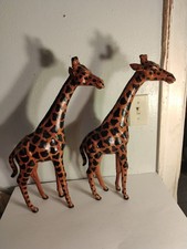 2 VINTAGE LEATHER HAND WRAPPED GIRAFFES HAND PAINTED  18