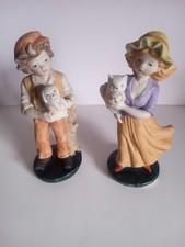 Ceramic Hand Painted Boy with dog  and Girl with Cat Figurines Multicolor Pair picture