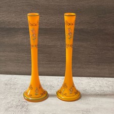 Vintage Czechoslovakia Enamel Hand Painted Orange Glass Vases Set of Two 8.25