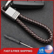 Hand Brown Braided Leather Keychain for Car Keys Horseshoe D Ring Key Holder picture