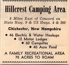 Hillcrest Camping Area A Family Recreational Area Chichester NH 1974 Ad TAK6-S53 picture