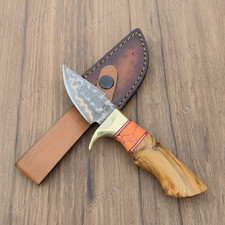 Handmade Copper Damascus Steel Mini Bobcat Knife Olive Wood Turquoise Handle picture